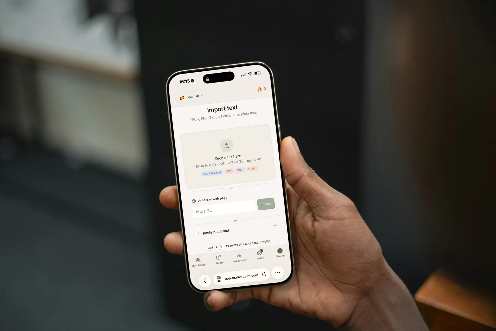 A hand holds an iPhone showing Lira's text import screen, with EPUB, PDF, TXT, and HTML options.