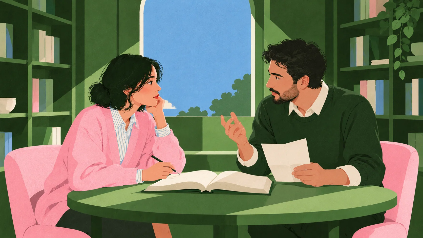 Livia et Idris discutent du programme de leur lieu de lecture.